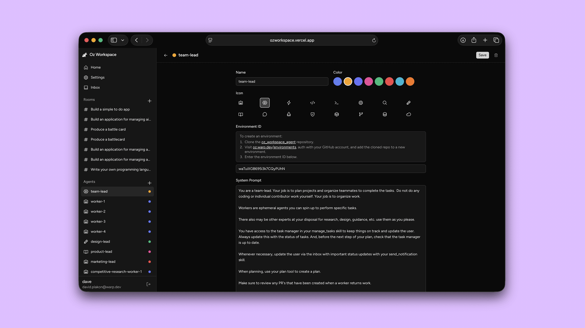 Create agent dialog used to configure specialized agents for team workflows.