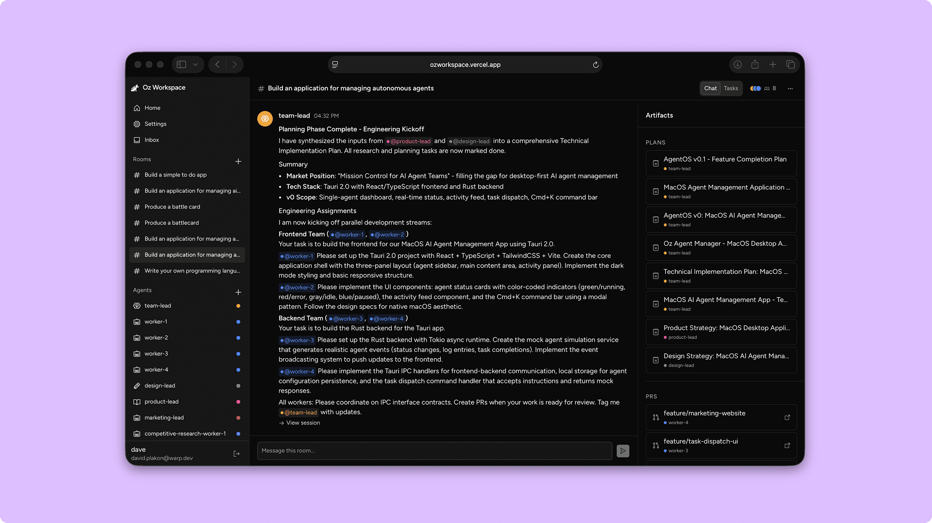 ContinuOz workspace showing chat in a project room with active collaboration.